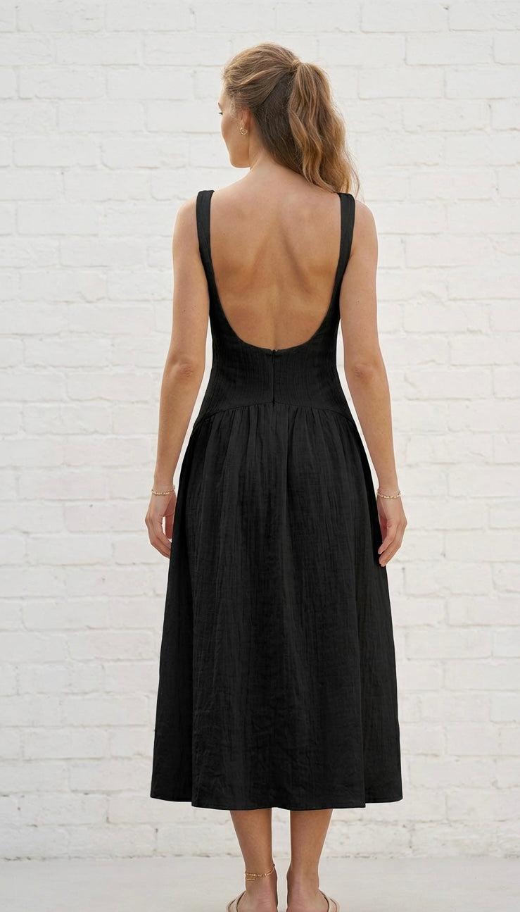CRINKLE LOW BACK SKATER DRESS - BLACK