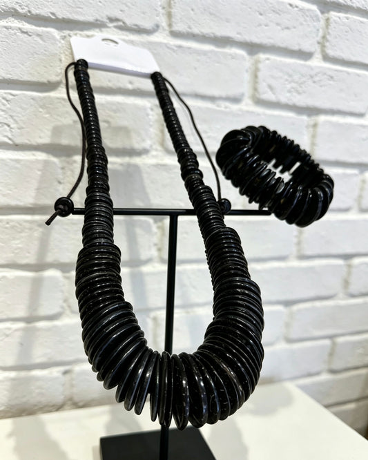 CHUNKY WOOD NECKLACE & BANGLE SET - BLACK