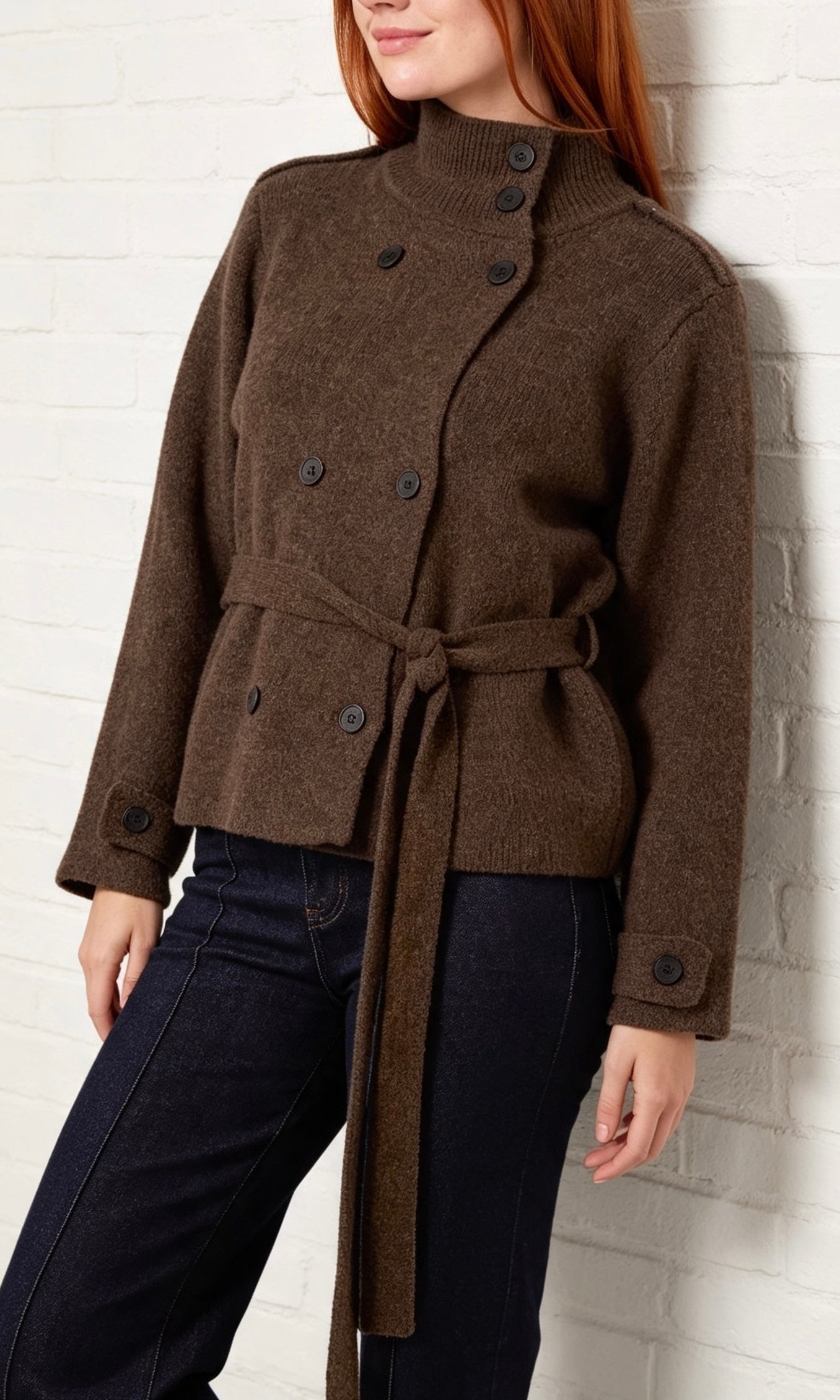 High Neck Cardigan With Belt - Chocolate Melange