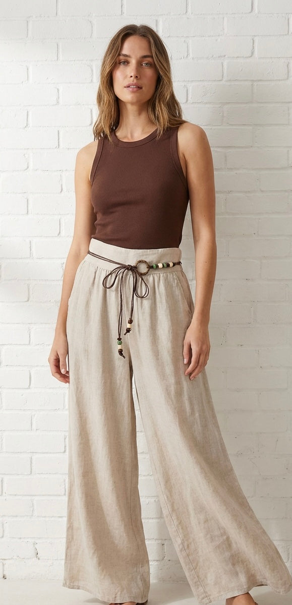LINEN WIDE LEG TROUSER - STONE
