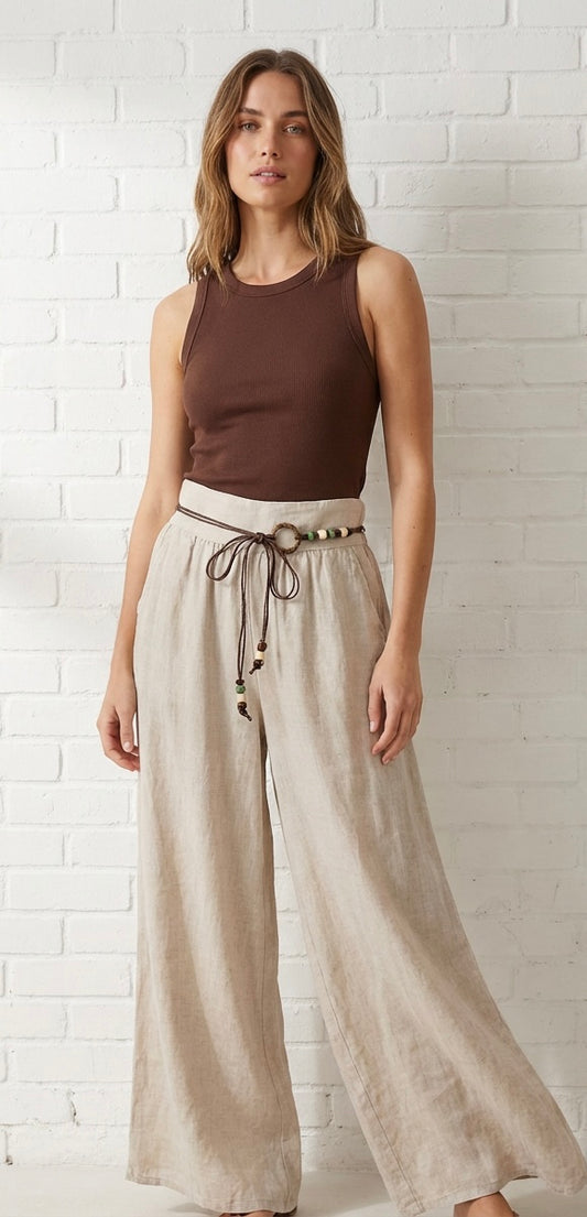 LINEN WIDE LEG TROUSER - STONE