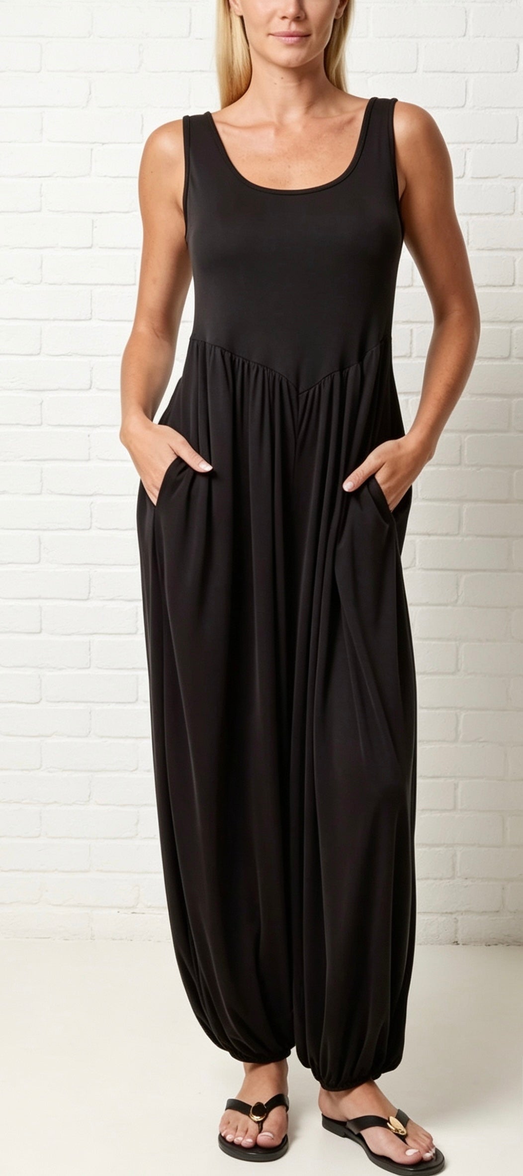 FINE RIB HAREEM JUMPSUIT - BLACK