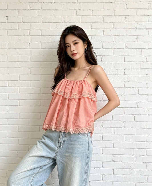LACE TIERED CAMI - CORAL