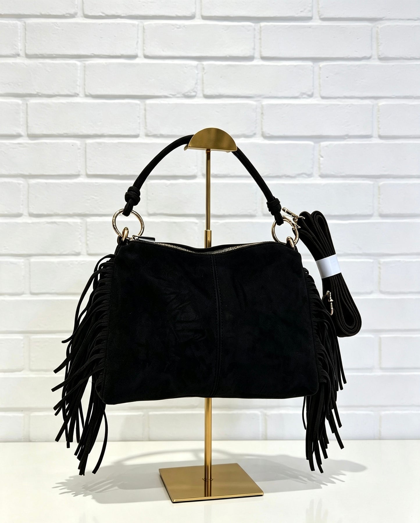 FRINGE FAUX SUEDE CROSS BODY BAG - BLACK