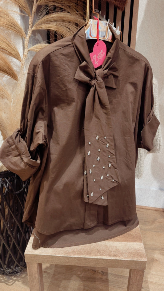 CHOCOLATE DIAMONTE BOW BLOUSE