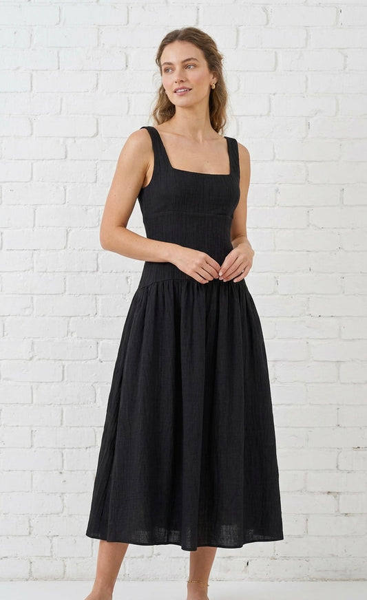 CRINKLE LOW BACK SKATER DRESS - BLACK
