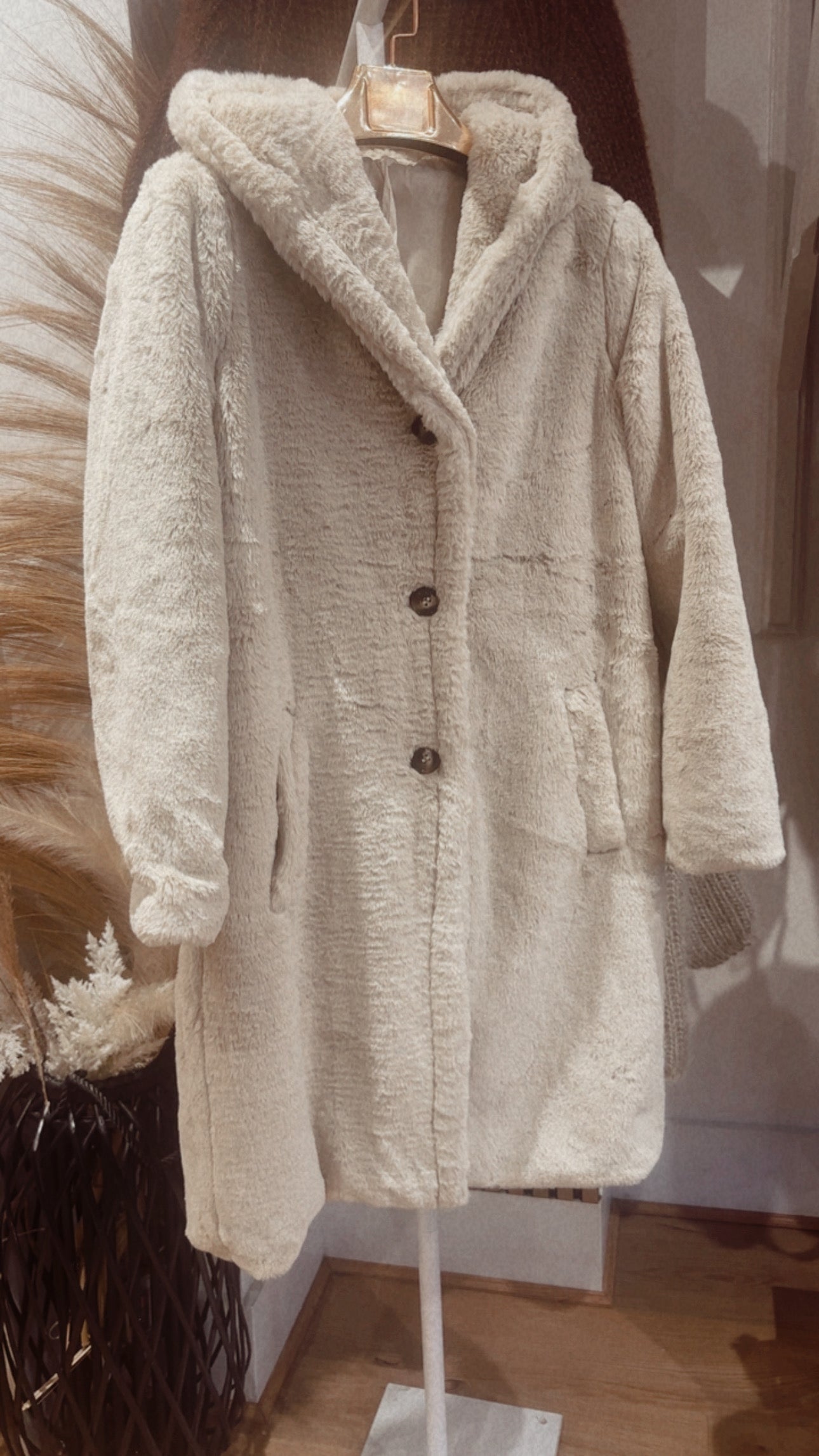 CREAM FAUX FUR HOODED COAT