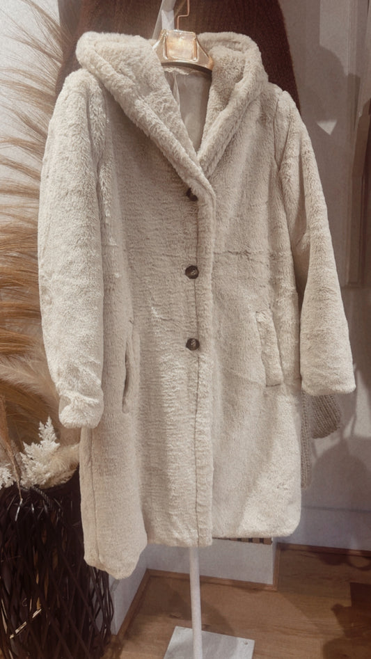 CREAM FAUX FUR HOODED COAT