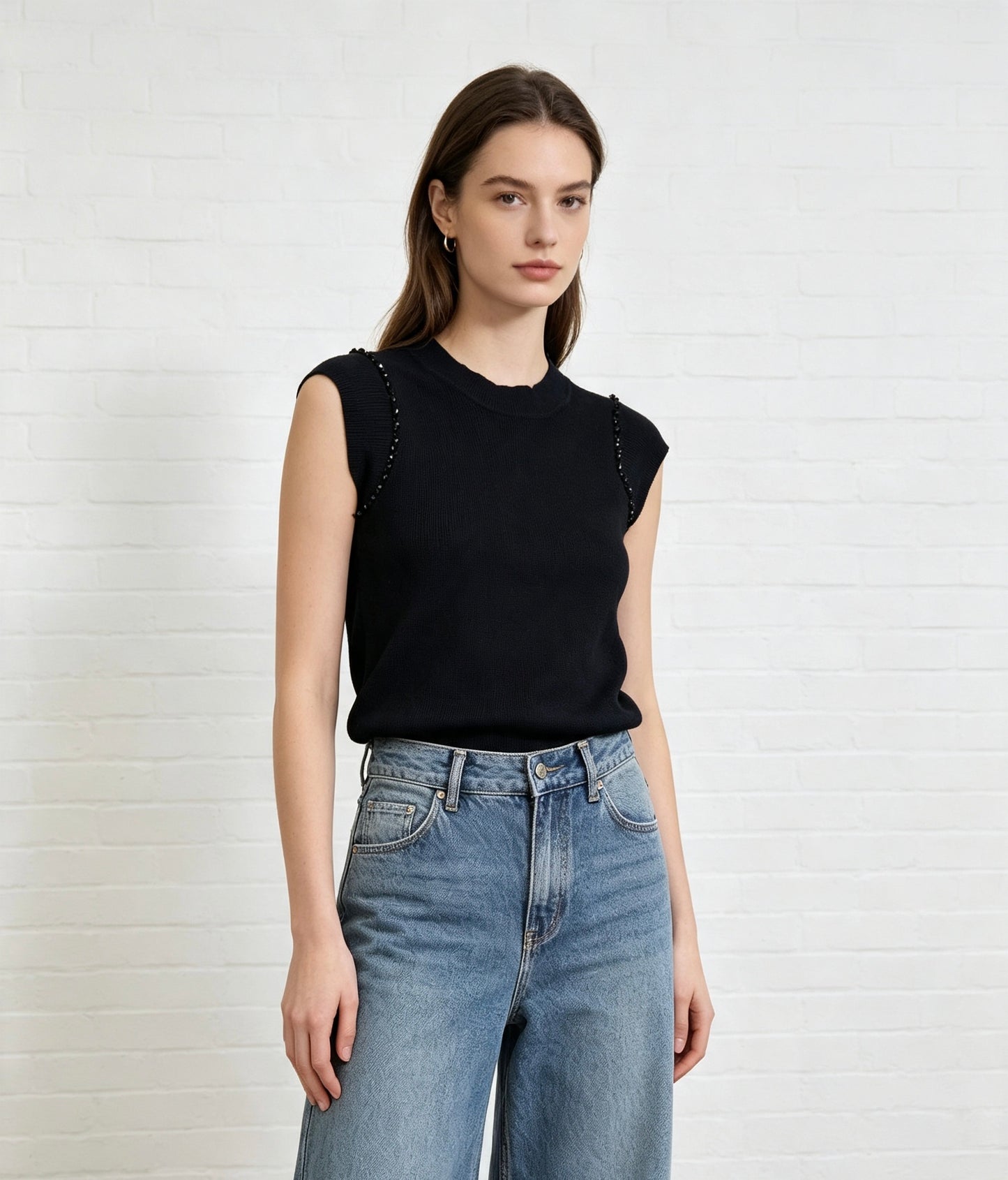 Fine Knit Embelishment Top - Black
