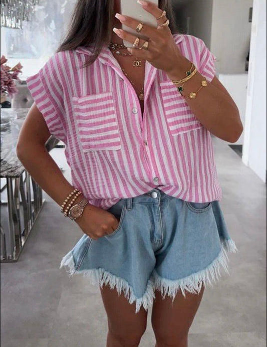 Pink And White Stripe Short Sleeve Shirt
