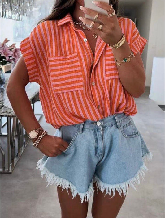 Pink And Orange Stipe Short Sleeve Shirt