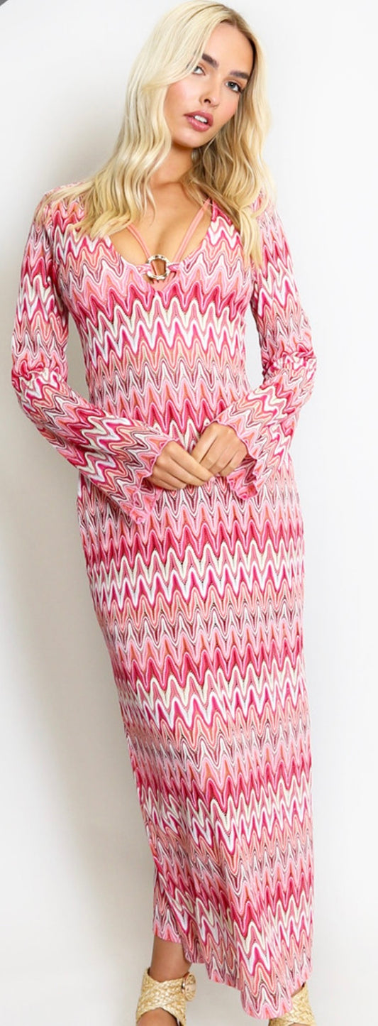 Zig Zag Long Sleeve Beach Dress