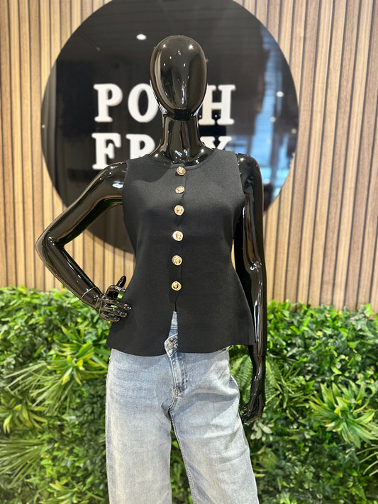 Black Gold Button Fine Knit Waistcoat
